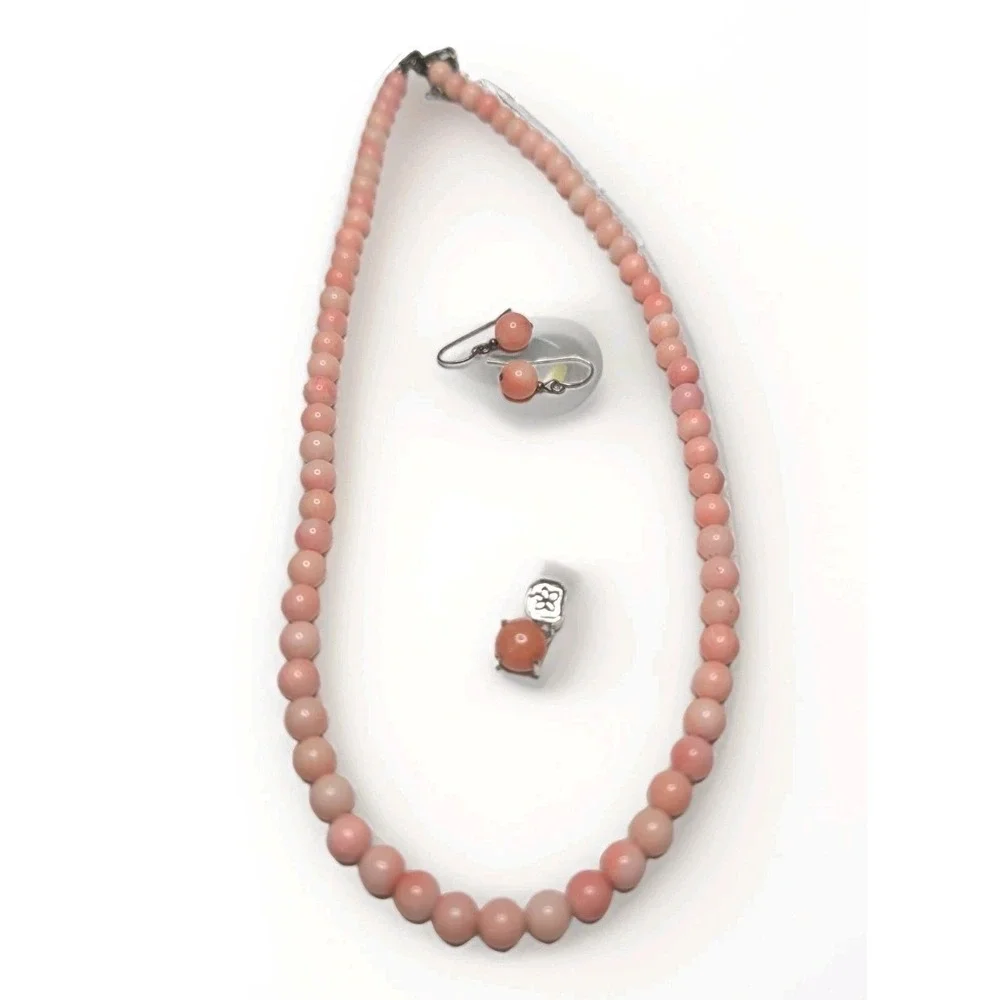 Vtg Sterling 925 Angel‎ Skin Pink Coral Beaded Necklace, Charm, Earrings 3pc Set